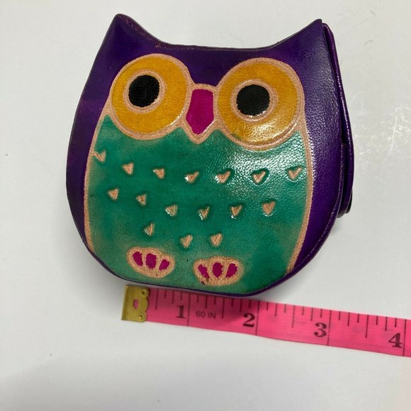 🦉 Painted Leather Owl Snap Coin Purse Purple - Picture 3 of 8